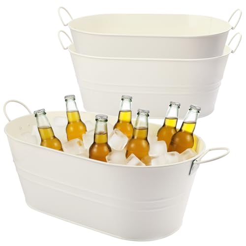 Biugaaufai 3 PCS 15.3 x 9 x 6 inches White Metal Galvanized Tub with Handles, 3 Gallon Galvanized Beverage Tubs for Partie...