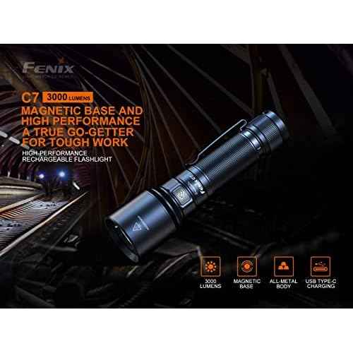 Fenix C7 3000 Lumens Magnetic Base, USB Rechargeable Flashlight with Edisonbright Battery Carrying case