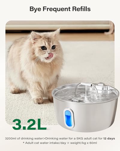 Cat Water Fountain Stainless Steel - 3.2L/108oz Pet Water Fountain for Cats Indoor - Automatic Pet Watering Dispenser (1 F...