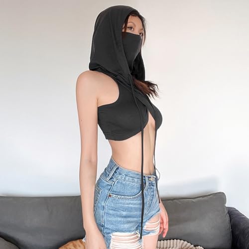 Women's Sleeveless Hooded Crop Top Y2k Streetwear Rave Outfit