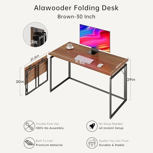 alawooder Folding Desk - 31.5" Wood Top Foldable Desk for Small Spaces | No Assembly Required Compact Desk for Home Offic...