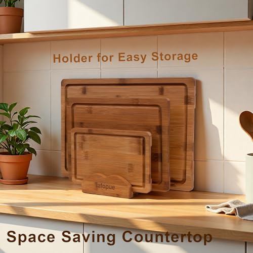 Tafopue Cutting Board Set with Holder, Space Saving Kitchen Bamboo Chopping Boards, Build in Juice Groove and Grip Handle,...