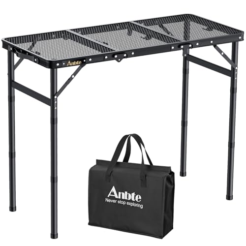 Anbte Folding Grill Table, 3ft Tri-Fold Aluminum Folding Table Adjustable Height Max 27.5" Grill Table with Mesh Desktop, ...