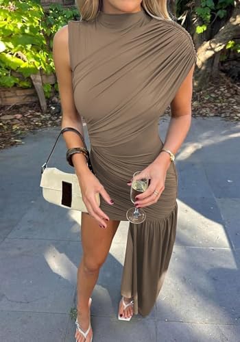 Kwunbwa Women's Sleeveless Ruched Maxi Dress Sexy Irregular Bodycon Casual Elegant Club Party Cocktail Long Dresses