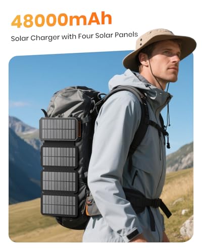 SOARAISE Solar Charger Power Bank - 48000mAh Wireless Portable Charger Built-in 4 Cables and 4 Solar Panels, PD QC 3.0 Fas...