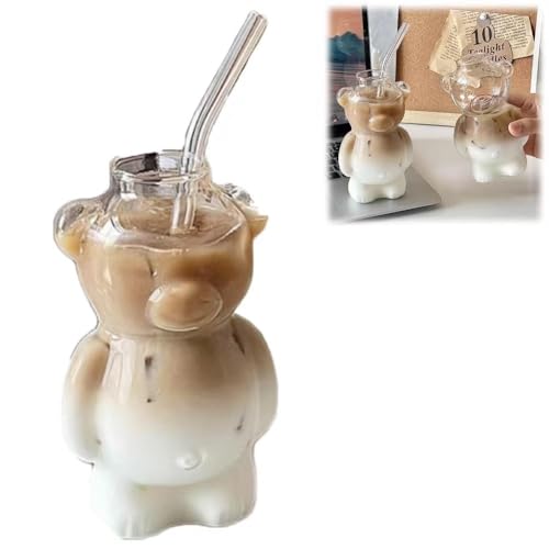 Bearista Glass Straw Cup Cute Bear with 2025 New Teddy Lid Kawaii Bears Shaped Cups for Coffee Smoothie Beer Cocktail Safe...