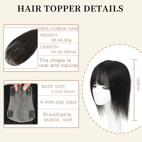 Hair Toppers for Women Real Human Hair,360¡Æ3D Big Basement Cover Topper for Women with Thinning Crown with Wispy Clip in Bangs Realistic Scalp (1B, 3D Wispy Bangs 14INCH)