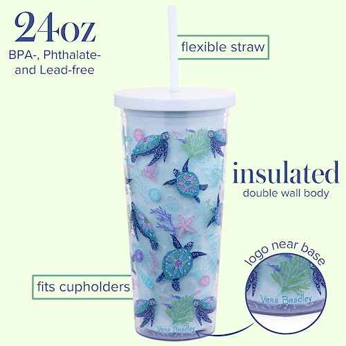 Travel Tumbler with Lid and Straw, 24 Ounce Insulated Cup, Blue Plastic Double Wall Tumbler, Turtle Dream
