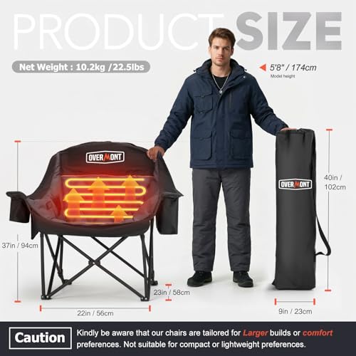 Overmont Heated Oversized Camping Chair for Adults - 3 Heat Levels Seat & Back Separately Control - 400lbs Support Heavy D...