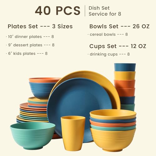 Homienly 40-Piece Premium Wheat Straw Dinnerware Sets, Service for 8, Unbreakable Plates and Bowls Set - Cups Sets, Dinner...