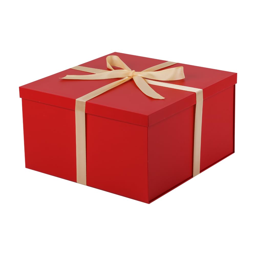 UoeRing 1Pcs Red Extra Large gift box with lids 13×13×7 Inches gift boxes for presents,Birthday Box (include Ribbon, Paper Shred Filler Gift Card & Envelopes)
