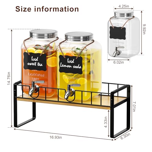 Zuyachuza 2-pack 1 Gallon Drink Dispenser,Glass Beverage Dispenser with Spigot,Lemonade dispenser Bamboo Stand for Outsid...