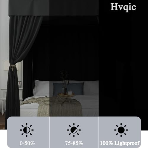 Hvqic Black Canopy Bed Drapes - 4 Corner Post Canopy King Bed Curtain Lightproof Drapes Bed Canopy for Adults & Girls Bedr...