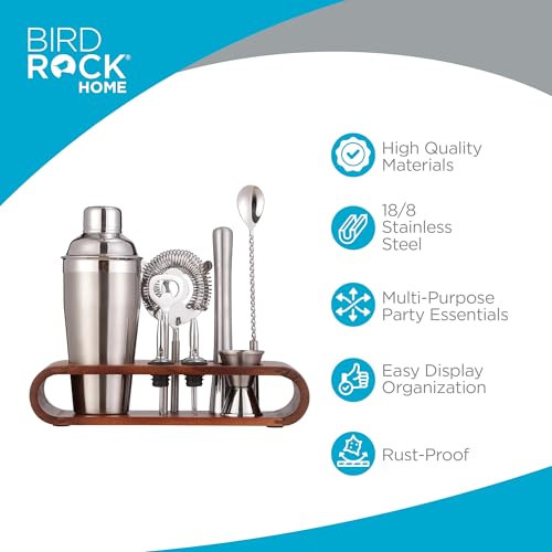 BIRDROCK HOME 10 Piece Professional Bartender Cocktail Mixing Set with Acacia Wood Stand | Stainless Steel Bar Tools for H...