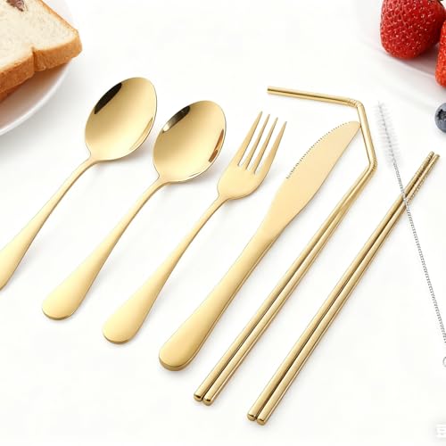 Stainless Steel Silverware Set, 7-Piece Travel Essentials with Carrying Case, Portable Cutlery for Adults, Reusable Utensi...