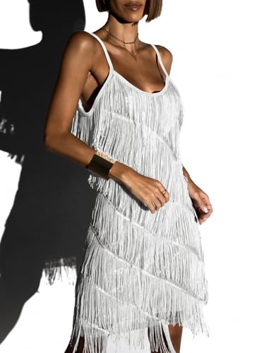 miduo Womens Sequin Tassel Fringe Party Dress Sleeveless Spaghetti Straps Flapper Dresses Cocktail Mini Dresses