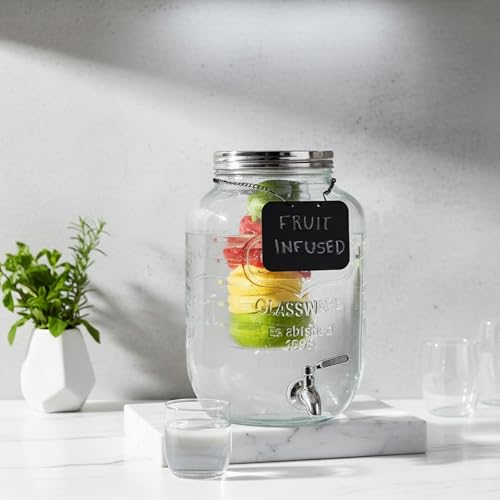 2 Gallon Extra Large Iced Beverage Dispenser with Ice & Fruit Infusers – Glass Mason Jar Drink & Beverage Container with S...