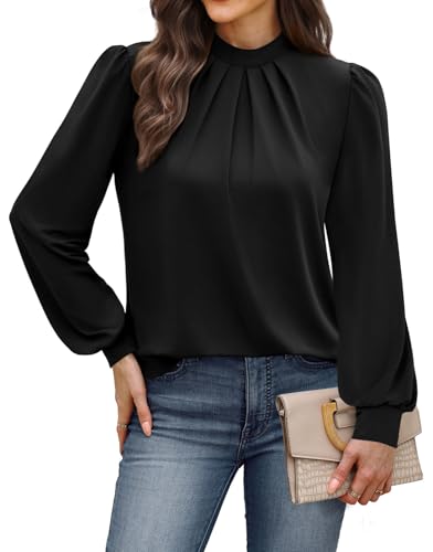 WIHOLL Long Sleeve Shirts for Women Mock Neck Tops Pleated Front Blouses Dressy Casual Fall Clothes 2025 Fashion