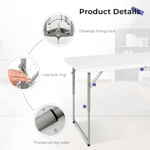 Byliable Folding Table 4 Foot Portable Heavy Duty Plastic Fold-in-Half Utility Table Small Indoor Outdoor Adjustable Heigh...