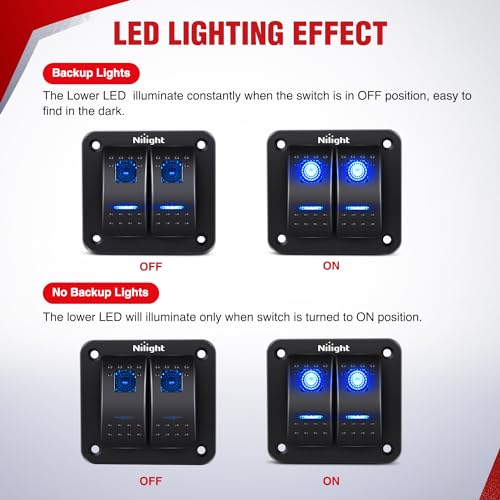 Nilight 16AWG LED Light Bar Wiring Harness Kit 12V On/Off 2 Gang Rocker Switch Panel Power Relay Blade Fuse 5Pin Toggle Sw...