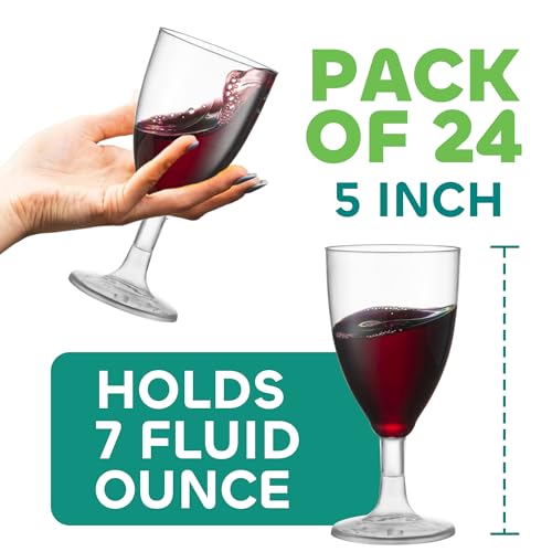 JoyServe 24 Plastic Wine Glasses Disposable - 7 Oz Clear BPA-Free Plastic Glasses with Stem, Reusable Party Wine Cups for ...