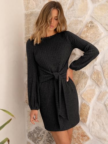 ANRABESS Womens 2026 Fall Dress Long Lantern Sleeve Ribbed Knit Casual Tie Waist Lightweight Mini Sweater Dress