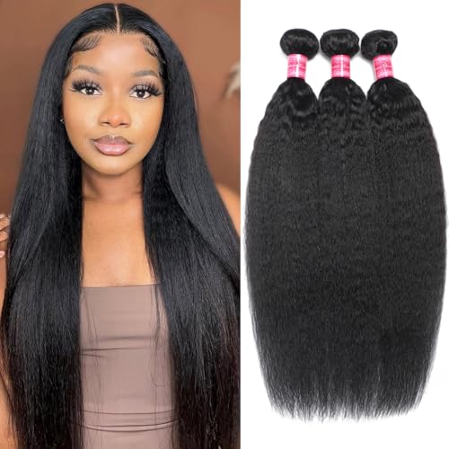 Kinky Straight Bundles Human Hair(16 18 20 Inch) Salon Quality 12A 100% Unprocessed Brazilian Virgin Silky Yaki Straight Human Hair Bundles Hair Weft for Black Women Natural Color
