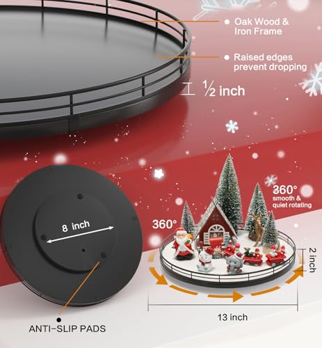 Oroyutor 12 Pcs Christmas Village Set - 13" Oak Wooden Lazy Susan with Santa Train, House & Trees – Indoor Christmas Cente...
