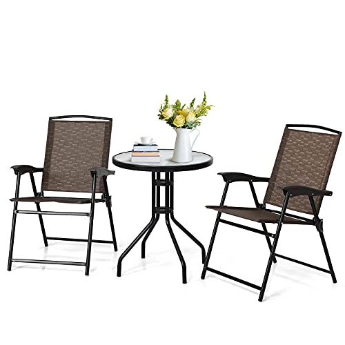Tangkula 3 Pieces Patio Bistro Set, Outdoor Folding Chairs & Table Set with Tempered Glass Tabletop, Round Table & 2 Folda...