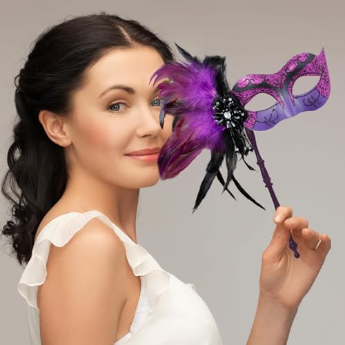 MYSEUNI 2025 New Masquerade Mask for Women with Stick - Shiny Women's Feather Mardi Gras Venetian Mask for Costume Accessory
