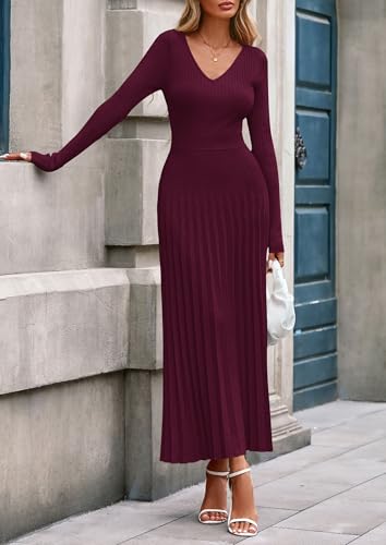 PRETTYGARDEN Women Sweater Dress Fall Fashion 2026 Long Sleeve V Neck Ribbed Knit Pleated A Line Elegant Maxi Winter Dresses