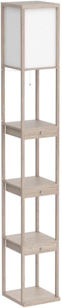 Brightech Maxwell Drawer Edition - Modern Shelf Floor Lamp with Drawer - Corner Display Floor Lamps with Shelves for Living Room, Bedroom and Office - Rustic Wood