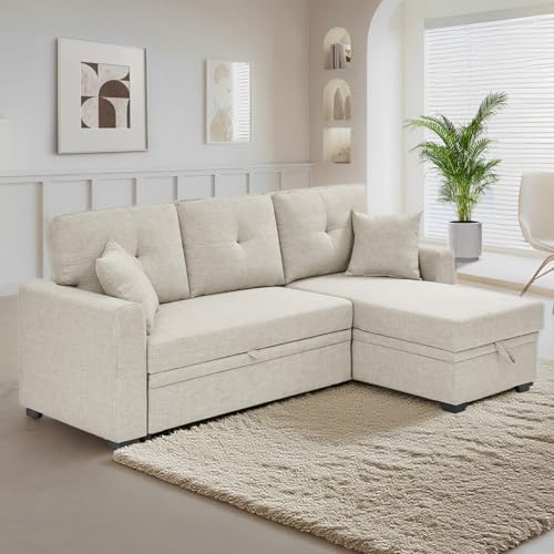 Nicbex Convertible Sofa Bed Couch with Storage Chaise,Upholstered Sleeper Sofa with Pull-Out Bed,Pull Out Couch,Sectional Couches for Living Room Beige