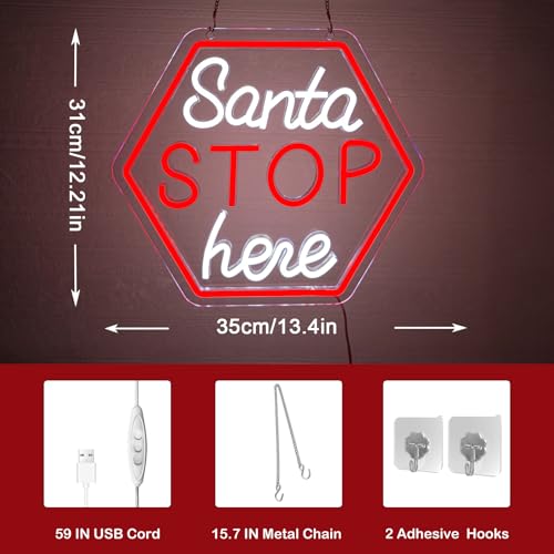 Santa Stop Here Neon Sign for Window Decor USB Powered Xmas Neon Wall Sign Festive Display Holiday Party Santa Stop Led Li...