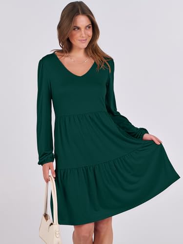 ANRABESS Womens Long Sleeve Dress 2026 Fall Casual V Neck Tiered Flowy Short Dresses Spring Beach Travel Vacation Clothes