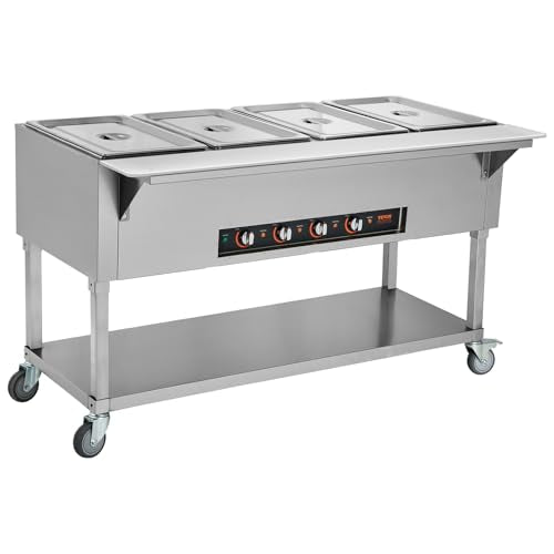 VEVOR Commercial Food Warmer, 2000W Electric Steam Table with 4 x 20.6QT Pans, Versatile Food-Grade Stainless Steel Server with Countertop & Shelf, Movable Buffet Catering Warmer for Party Restaurant