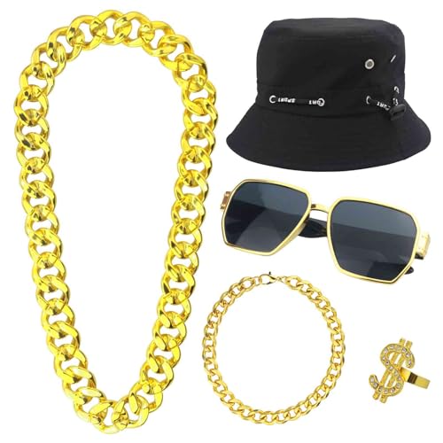 Hip Hop Costume Outfit Kit for Men Kids Boys - 80s 90s Rapper Themed Party Decorations Set 5pcs Old School Costume Set Hal...