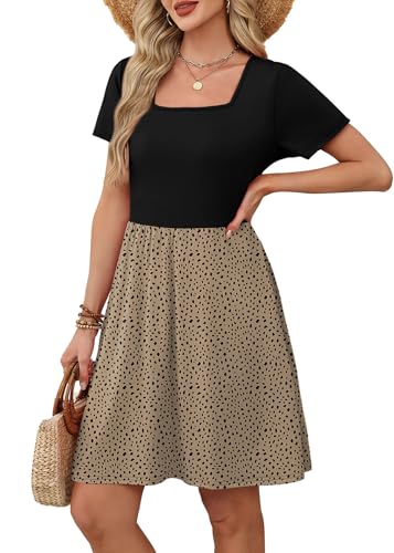OFEEFAN Womens Summer Dresses 2025 Short Sleeve Square Neck Casual Sundresses with Pockets A-Line Color Block