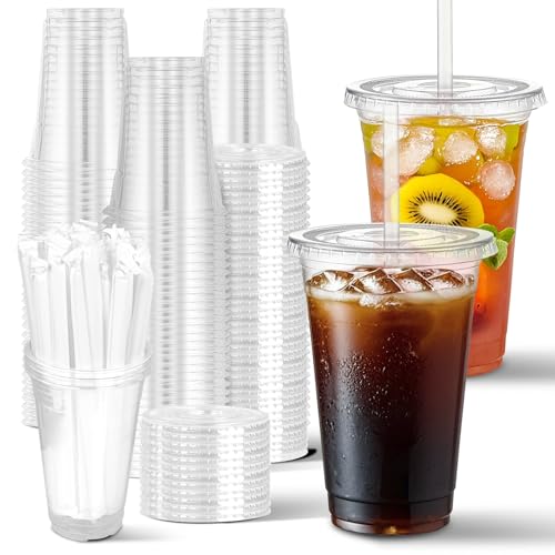 Charmount 100 Sets- 20 oz Clear Plastic Cups with Lids and Straws, Disposable To Go Cups for Cold Drinks, Coffee Bar Acces...