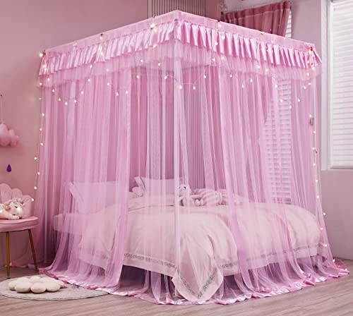 Mengersi Canopy Bed Curtains Queen Size,Bed Canopy for Girls Princess Bed Canopies Drapes Mosquito Net -Bedroom Decor,Pink