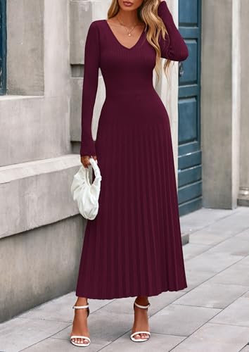 PRETTYGARDEN Women Sweater Dress Fall Fashion 2026 Long Sleeve V Neck Ribbed Knit Pleated A Line Elegant Maxi Winter Dresses