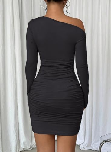 Acelitt Fall Off The Shoulder Dresses for Women 2025 Long Sleeve Ruched Bodycon Cocktail Party Mini Dress(Size Down)