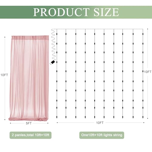 Xiomot Tulle Backdrop Curtain with Lights String 10FT X 10FT Dusty Rose Sheer Tulle Backdrop Curtains for Wedding Birthday...