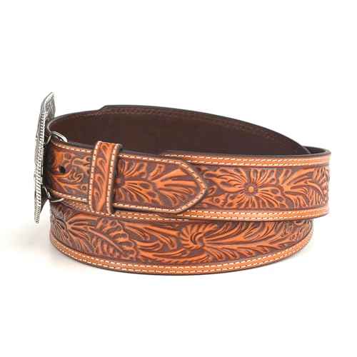ARIAT Men's Raised Logo Floral Embossed Tapered Leather Belt