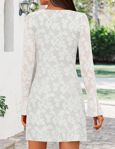 ZESICA Long Sleeve Mini Dresses for Women Spring Mesh Floral Crewneck Bodycon Wedding Guests Cocktail Party Short Dress