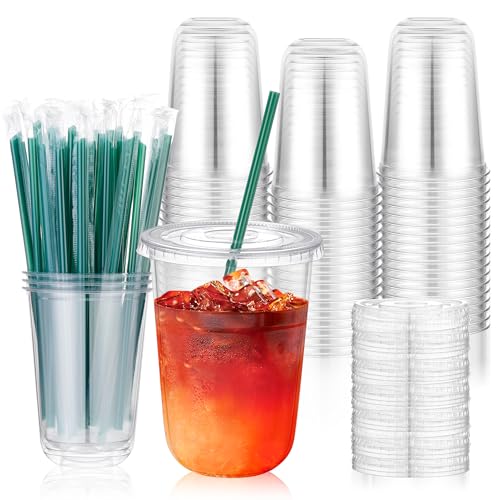 KesaPlan 50 Sets 16 oz Plastic Cups with Lids and Straws, Clear Disposable Iced Coffee Cups for Cold Drinks Juice Milkshak...