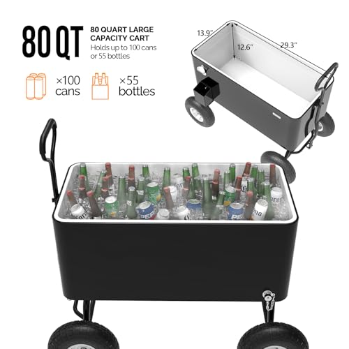 VINGLI 80 Quart Wagon Rolling Cooler Ice Chest, w/Long Handle and 10" Wheels, Portable Beach Patio Party Bar Cold Drink Be...