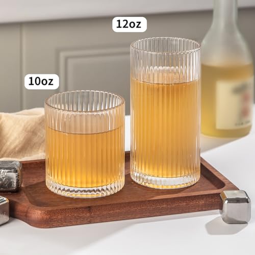 Lumkit Ribbed Drinking Glasses 8pcs, 12oz and 10oz Glassware, Tumbler Glasses Cup Set for Wedding, Party, Christmas Gift, ...