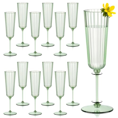 SHIQIKEJIPTY 12 Pack Plastic Champagne Flutes Sage Green Unbreakable Ribbed Champagne Glasses Detachable 5.5 Oz Disposable...