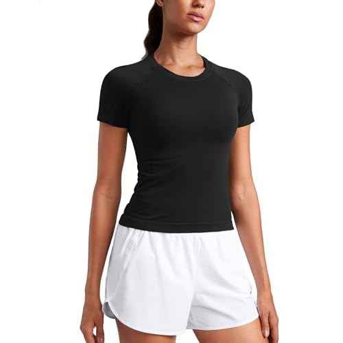 CRZ YOGA Seamless Workout Tops for Women Waist - Running Gym Athletic Yoga Short Sleeve Shirts Breathable Basic Crewneck